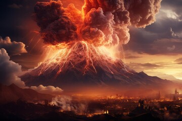 Mount volcano erupting, Molten lava or magma. Volcanic mountain in eruption