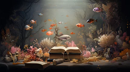 Fotobehang Books sinking in the water and fish drifting   Generative AI © No34