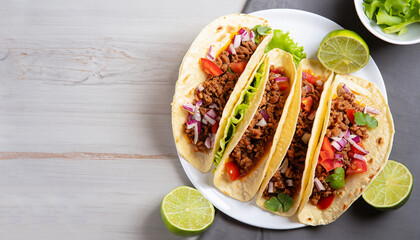 Ground Beef Tacos with shredded cheddar cheese, fresh lettuce, tomato, onion on a white plate with lime wedges, horizontal view from above, mexican cuisine, flat lay, free space