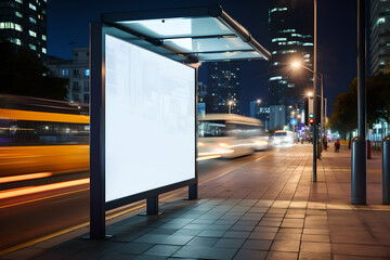 street advertising bus stop or signboard mockup for offers in public area at night. empty mock up Lightbox for information, stop shelter clear poster