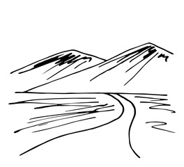 Simple black outline vector drawing. Mountains on the horizon, road. Landscape and nature. Sketch in ink.