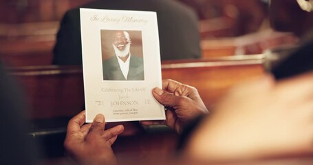 Death, memory and person in church for a funeral, service program or paper programme with face of senior man on a pamphlet. Mourning, grief and person with empathy and brochure for family in chapel