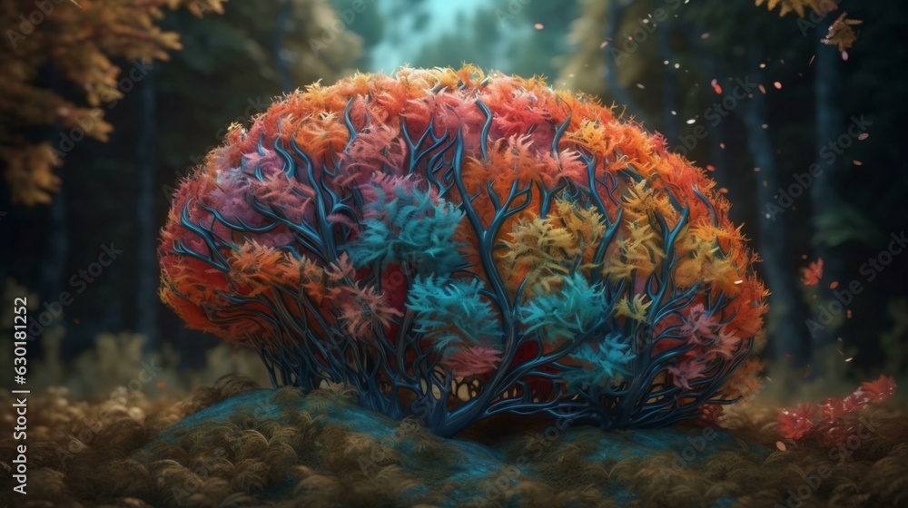 Poster abstract human brain made in the form of leaves and natural trees and plants. the concept of the uni