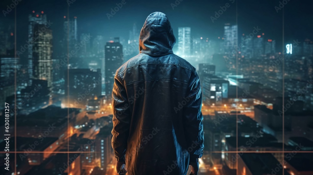 Poster hacker computer cybercriminal criminal with a jacket and a hood on the background of a big city at n