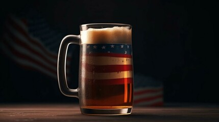 A glass of beer and an abstract star and striped USA state flag. AI generated