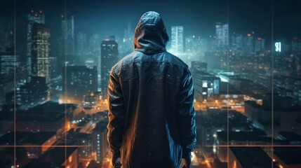 Hacker computer cybercriminal criminal with a jacket and a hood on the background of a big city at night. Concept computer data security. AI generated