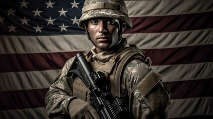 Military male US Army Marine on the background of the abstract Stars and Stripes US State Flag. AI generated