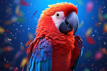 Colorful parrot portrait on a blue background. 3d rendering