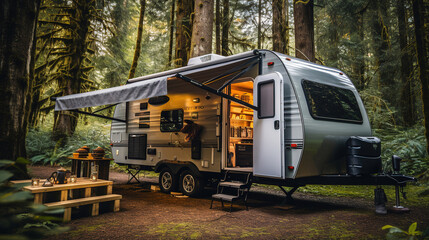 Travel Trailer camping in the woods at a campground - obrazy, fototapety, plakaty