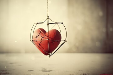 Surrealistic photograph of a caged heart, capturing feelings of isolation and restriction. Generative AI