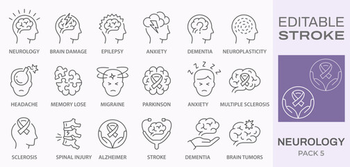 Neurology icons, such as stress, dementia, multiple sclerosis, epilepsy and more. Editable stroke.