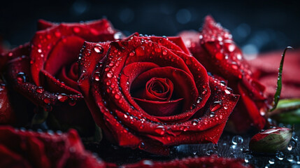 Dark red roses with water droplets