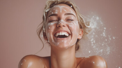 A happy woman model applying foam based face wash,  HD, Generative Ai - obrazy, fototapety, plakaty