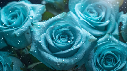 Light blue teal roses with water droplets