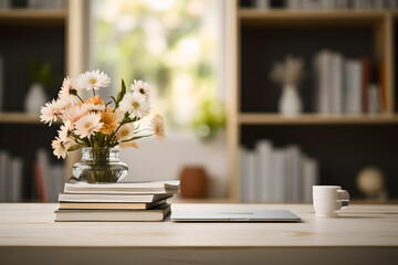 A desk with stack of books with coffee mug and flower against home library
