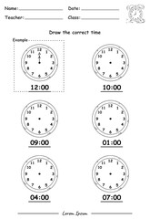 Naklejka premium Fun Kids Learning Exercises. Draw The Time. Education Telling Time Worksheet Game for Children part five.