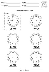 Naklejka premium Fun Kids Learning Exercises. Draw The Time. Education Telling Time Worksheet Game for Children part Four.