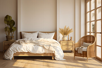 Interior shot of bedroom in country home, dresser and comfortable bed with white sheets - obrazy, fototapety, plakaty