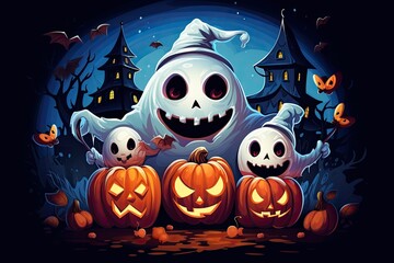 cute halloween scene with ghost, witch, candy, beautiful, cartoon style 4