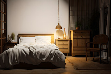 Interior shot of bedroom in country home, dresser and comfortable bed with white sheets