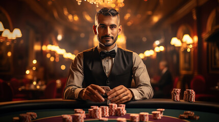 Portrait of a croupier is holding playing cards, gambling chips on table. Casino background