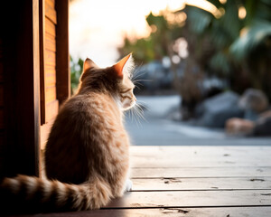 Back view of a cat while waiting for his owner outside the house. Generative AI.