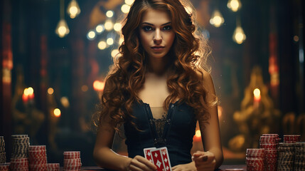 Girl dealer or croupier shuffles poker cards in a casino on the background of a table, chips,. Concept of poker game, game business