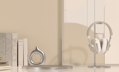 Vintage books stack and headphones, podium. Bookcase with old books in the interior. Bookstore, decoration, bookshelves in a beige and white color background. 3D render	