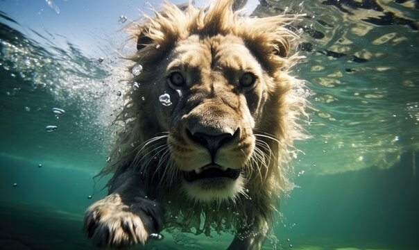 Immerse yourself in the thrilling world of wildlife photography with a stunning image of a lion's underwater leap.