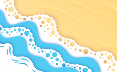 Surf and sea waves paper cut banner. Summer beach vector background with sand and ocean water surf line with 3d papercut layers of blue waves and white foam bubbles. Summer tropical beach vacation