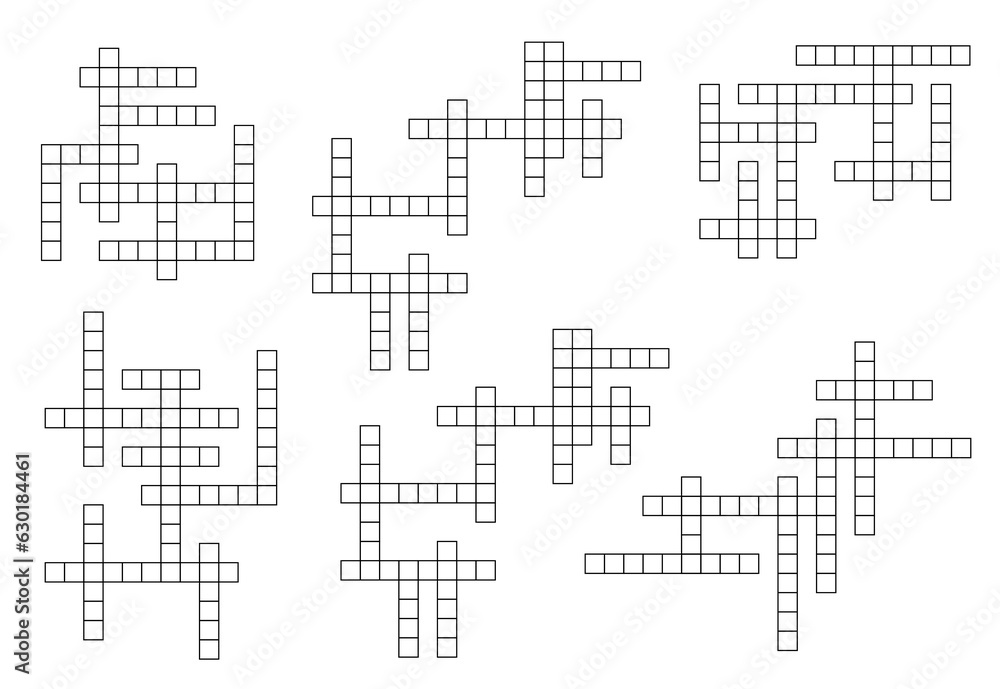 Poster crossword game grid, vector cross word puzzle worksheet templates with empty boxes. intellectual wor