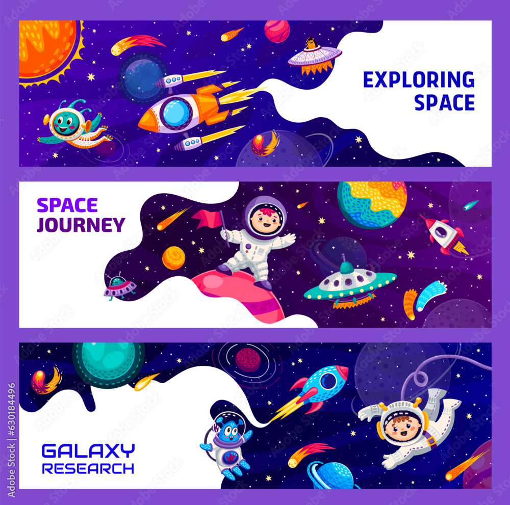 Poster kids astronauts in outer space. aliens, ufo and galaxy space planets. cosmos exploration, galaxy tra