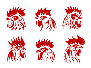 Red rooster, cockerel or cock head vector silhouettes of farm animals for butcher shop, poultry meat farm or sport team symbols. Fighting rooster or cock head side view with red feathers, beaks, combs © Vector Tradition