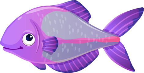 Cartoon aquarium fish. Isolated vector colorful and whimsical underwater animal with playful and cheerful face expression, wide fins and purple scales. Funny marine personage for kids game or book