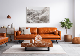 Interior decoration living room style of minimalist geometric, light white and dark orange. Generative AI.