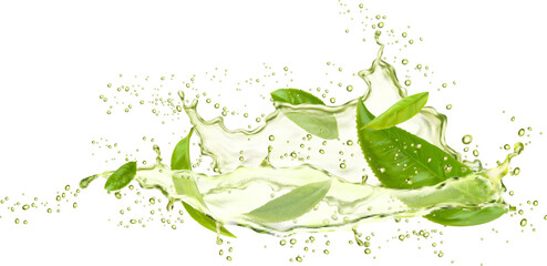 Fototapeta na wymiar Green tea leaves and drink splash with drops. Vector spill of matcha beverage or drink water with 3d realistic green leaves, falling drops and bubbles. Natural herbal tea beverage wave splash