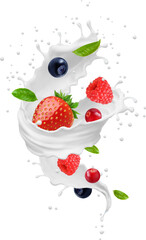 Fototapeta na wymiar Milk swirl or tornado wave splash with berries, fruit yogurt or milk cream drink, realistic vector. Strawberry, raspberry, blueberry and cranberry berries in milk swirl tornado in splash background