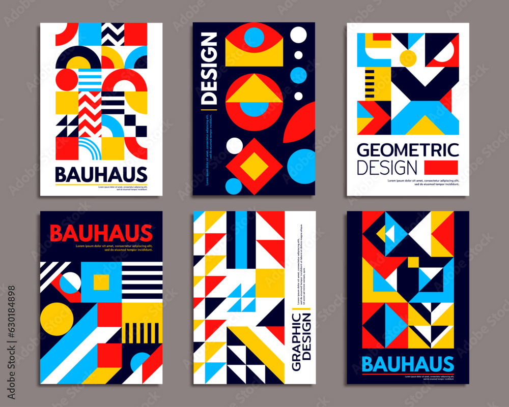Aufkleber Modern abstract geometric bauhaus posters. Background patterns set with vector minimal graphic collage. Retro bauhaus patterns of simple geometry shapes with color circles, squares, triangles, lines