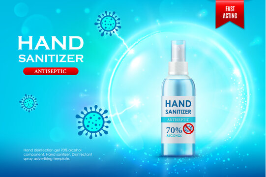 Realistic hand sanitizer spray bottle, clean antiseptic and antibacterial product vector background. Bacteria and virus hygiene protection, alcohol liquid spray or sanitizer gel and hand antiseptic