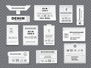 Realistic textile cloth wash labels, tags and badges, vector fabric laundry instructions. Textile clothes labels for material content, cotton dry washing care, clothing brand and size information tags