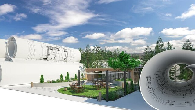 Project of a restaurant with outdoor catering (landscape in the background) - loop able 3D visualization