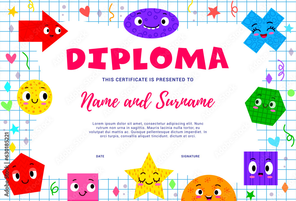 Poster kids diploma with math shape characters. school and kindergarten vector certificate of mathematics a