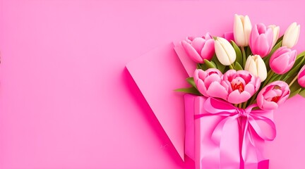 Bouquet of tulips and gift box on pink background, top view