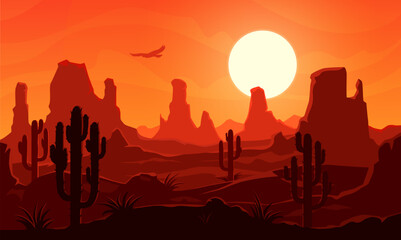 American or mexican desert landscape with mountains and cactus silhouettes. Desert sunset scene vector background of Wild West or Mexico nature themes with hot sand and rock canyon, cacti plants, bird
