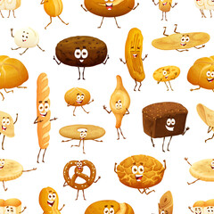 Cartoon bread and bakery characters seamless pattern background, vector funny buns and loafs. Cute bakery bread pattern of wheat bagel, rye loaf and baguette or ciabatta with pretzel and flatbread