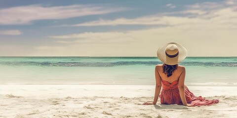 Summer hat. Travel lifestyle. Relaxing by sea. Beautiful beach holiday. Girl in swimsuit