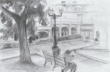 Urban landscape pencil drawing. A quick sketch on the street. Black and white illustration of an urban landscape. Handmade work. A sketch in a notebook. the concept of travel, open-air art. Modern art
