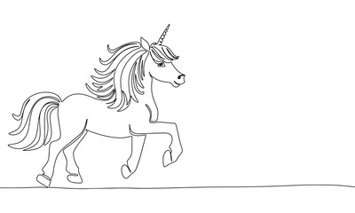 Unicorn one line continuous. Line art concept fantasy unicorn banner. Outline vector illustration.