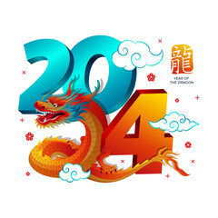 Happy Chinese New Year 2024 lettering, Year Of The Dragon Zodiac vector