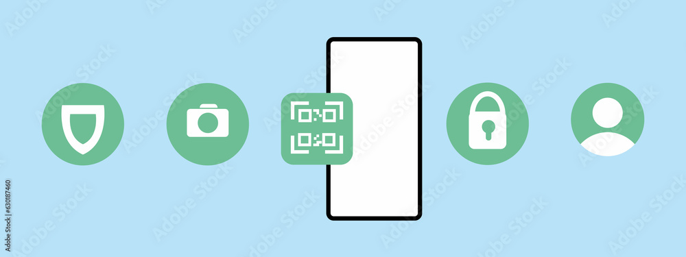 Poster a smartphone with a blue screen next to a green square with a white qr code and round icons on the s